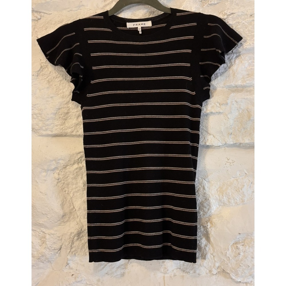 Frame Wool Flutter Cap Sleeve Tee Womens S Black Stripe Excellent Noir Multi